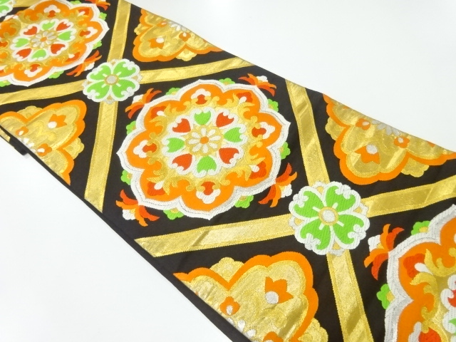 JAPANESE KIMONO / ANTIQUE FUKURO OBI / SILK / WOVEN FLORAL CREST